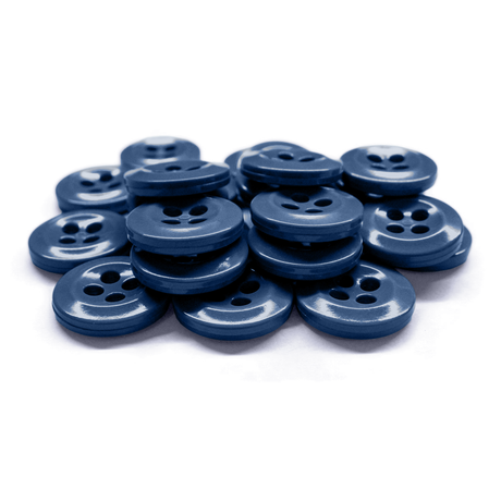 A collection of Work Shirt Buttons with a shiny blue finish and four holes, meeting military specifications, displayed on a white surface.