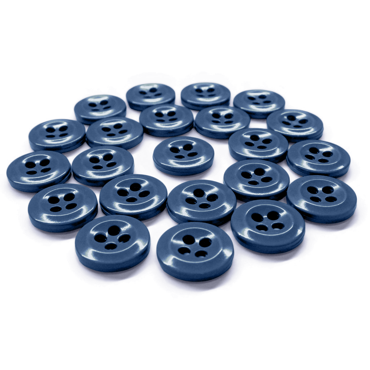 Twenty-one Work Shirt Buttons, blue with four holes, are arranged in a semicircle on a white background.