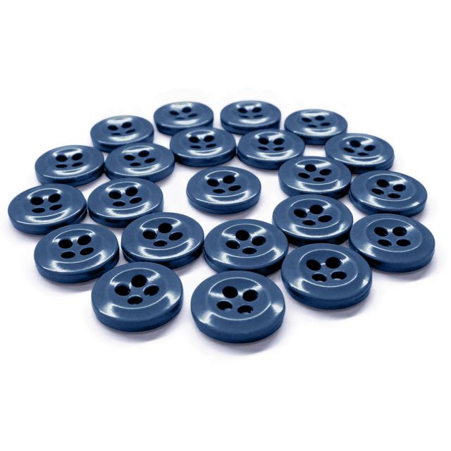 Twenty-one Work Shirt Buttons, blue with four holes, are arranged in a semicircle on a white background.