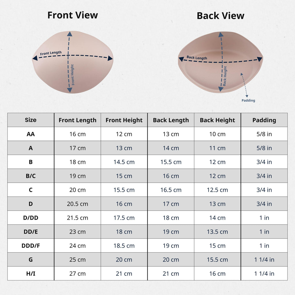 Table of Padded Bra Cup Inserts sizes, dimensions, and padding with front and back view diagrams—perfect for selecting the right bra padding enhancers or push up inserts for a flawless fit.