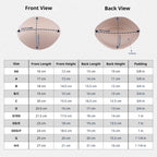 Table of Padded Bra Cup Inserts sizes, dimensions, and padding with front and back view diagrams—perfect for selecting the right bra padding enhancers or push up inserts for a flawless fit.