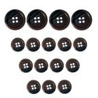 Fifteen Vegan Faux Horn Suit Buttons in dark brown, each with four holes, arranged in a triangle.