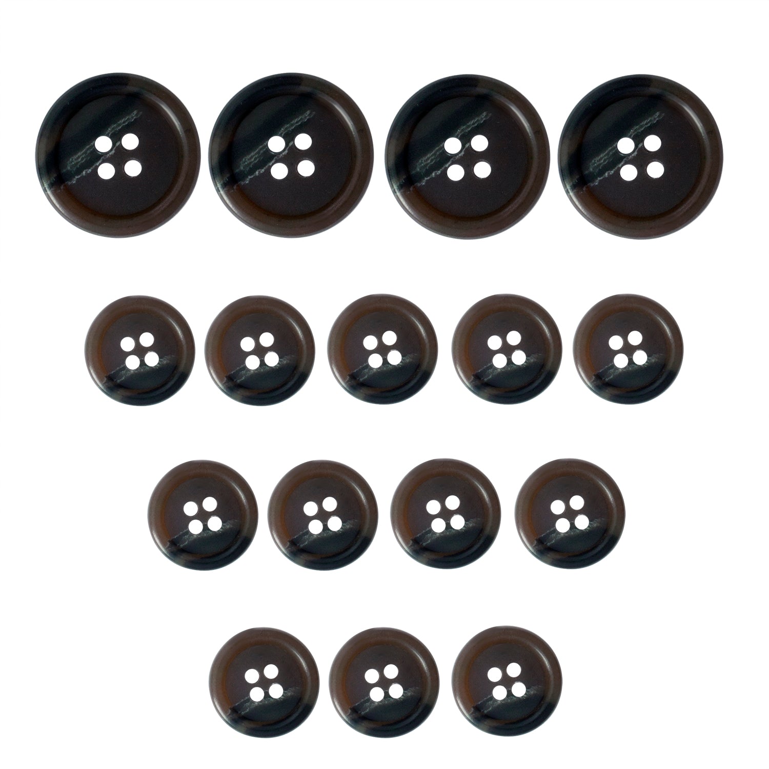 Fifteen Vegan Faux Horn Suit Buttons in dark brown, each with four holes, arranged in a triangle.