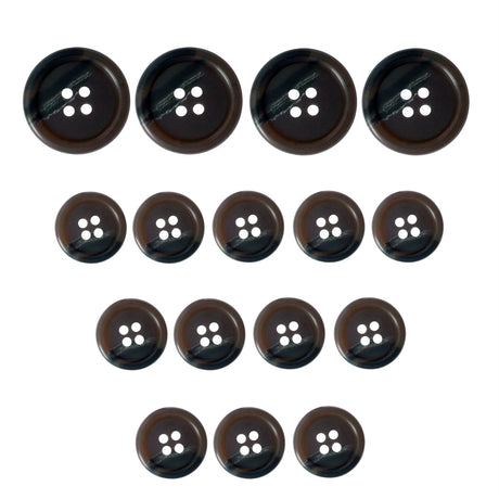 Fifteen Vegan Faux Horn Suit Buttons in dark brown, each with four holes, arranged in a triangle.