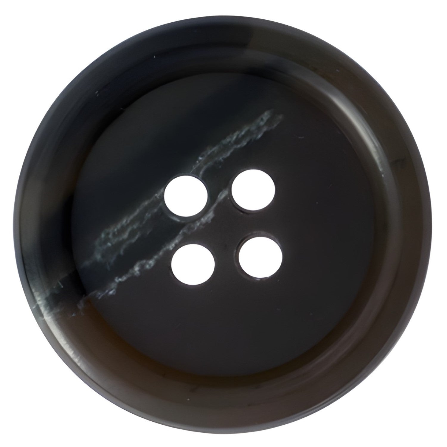 The Vegan Faux Horn Suit Buttons are round, black, four-hole buttons with a glossy, streaked pattern—ideal for ethical sewing projects or anyone seeking stylish vegan faux horn buttons.