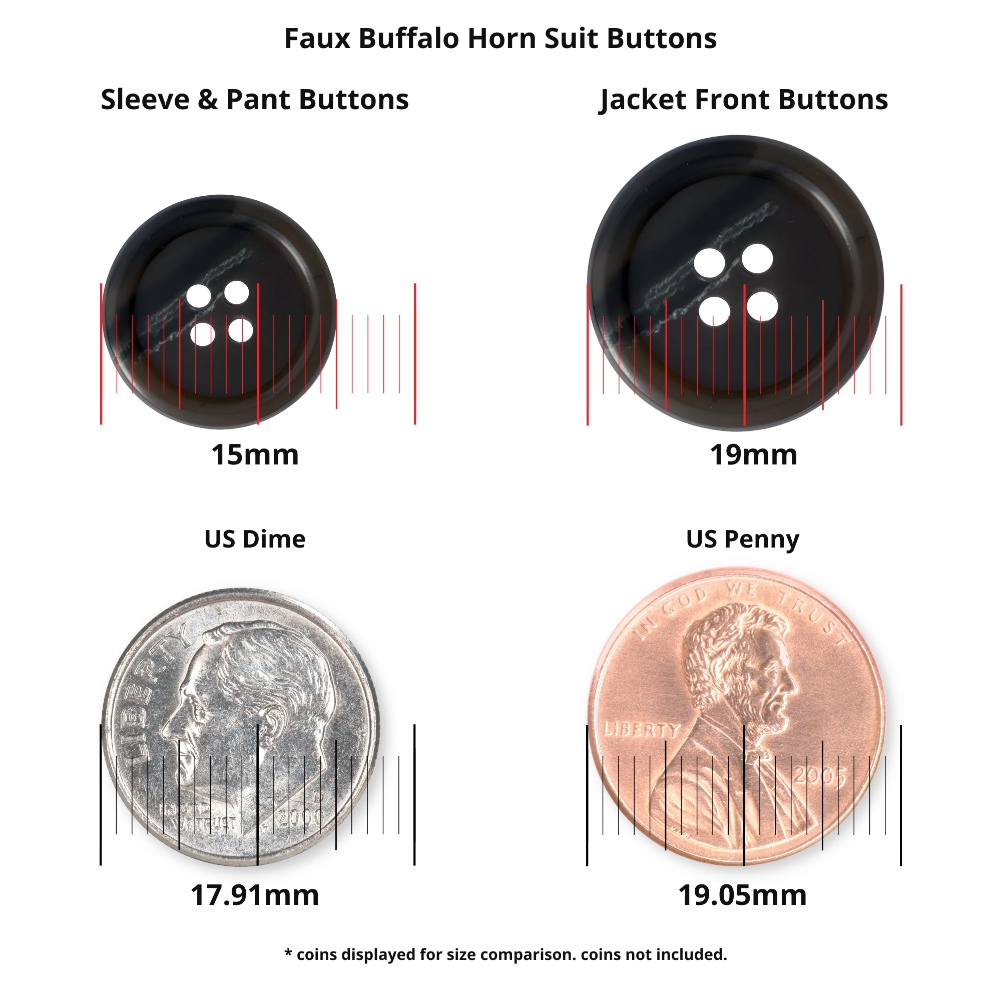 Two black Vegan Faux Horn Suit Buttons shown beside a US dime and penny for size comparison, with their sizes labeled in millimeters.