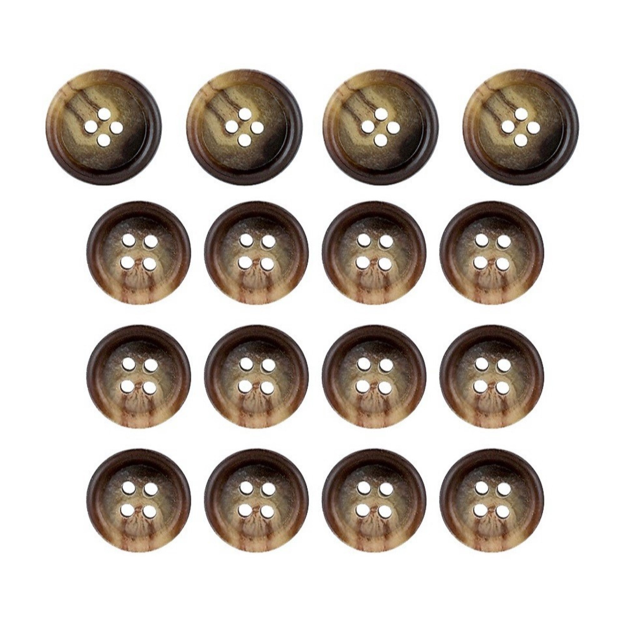 Fifteen Premium Suit Buttons, brown and round with four holes each, are arranged in three rows on a white background.