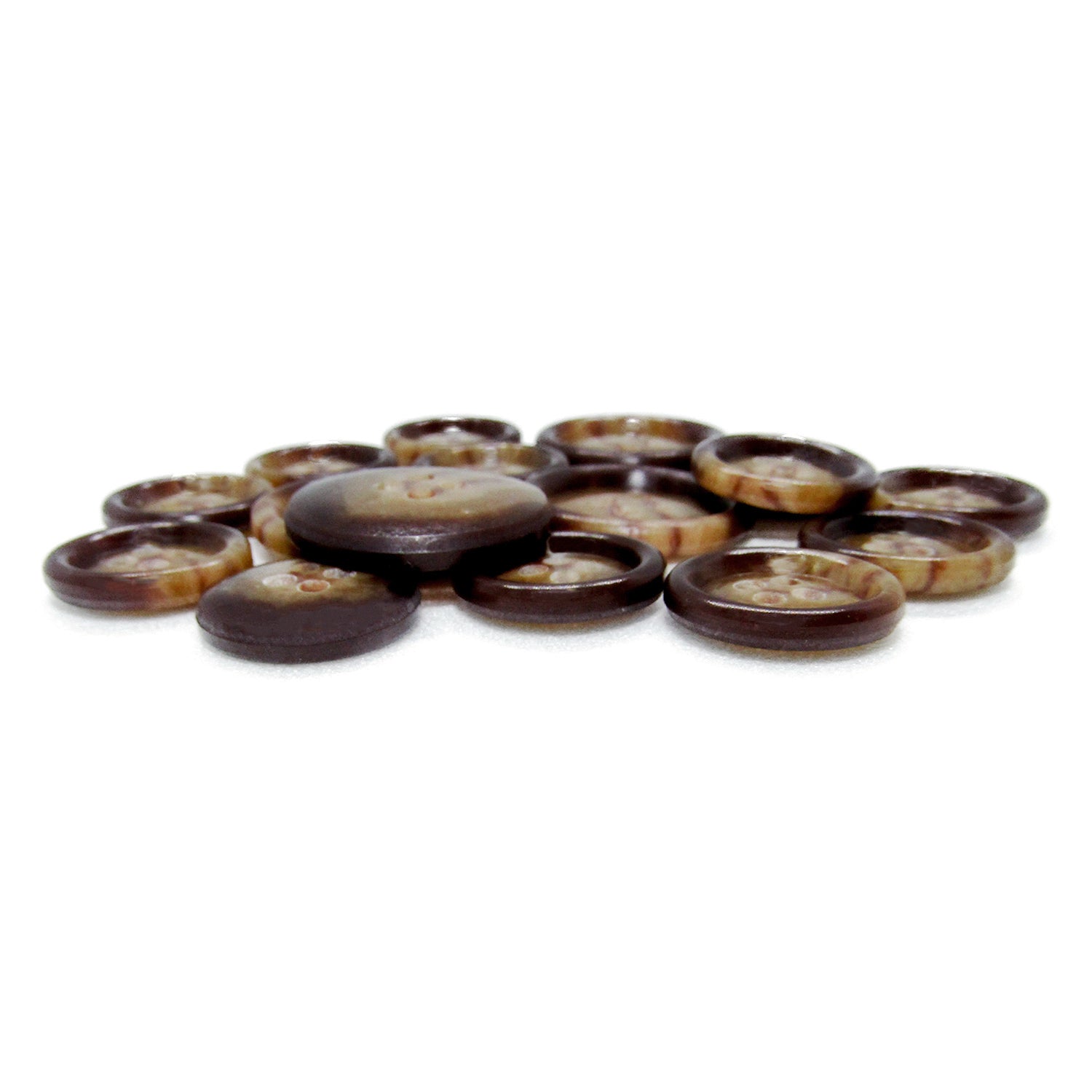 Several Premium Suit Buttons in brown and tan are scattered and overlapping on a white surface.