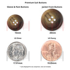 Two Premium Suit Buttons in black, measuring 15mm and 20mm, shown beside a U.S. dime and penny for size comparison.