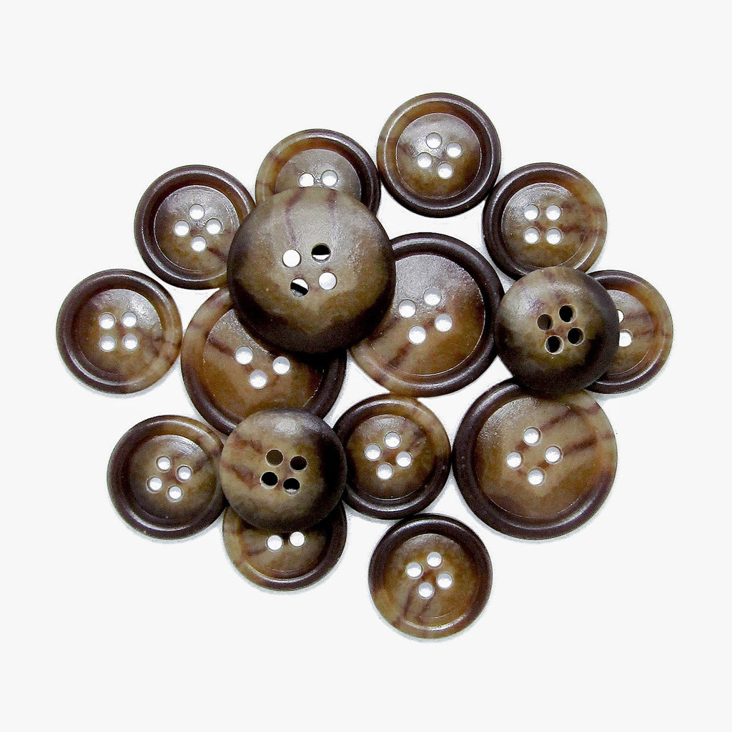 A collection of Premium Suit Buttons in a brown marbled finish, each featuring four holes, displayed on a white background.