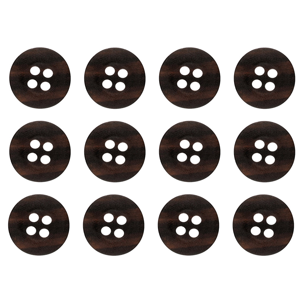 Twelve round, dark brown Khakis, Chinos and Casual Cotton Pant Buttons (nylon, four holes each) are arranged in three rows of four on a white background—ideal as replacement pant buttons.