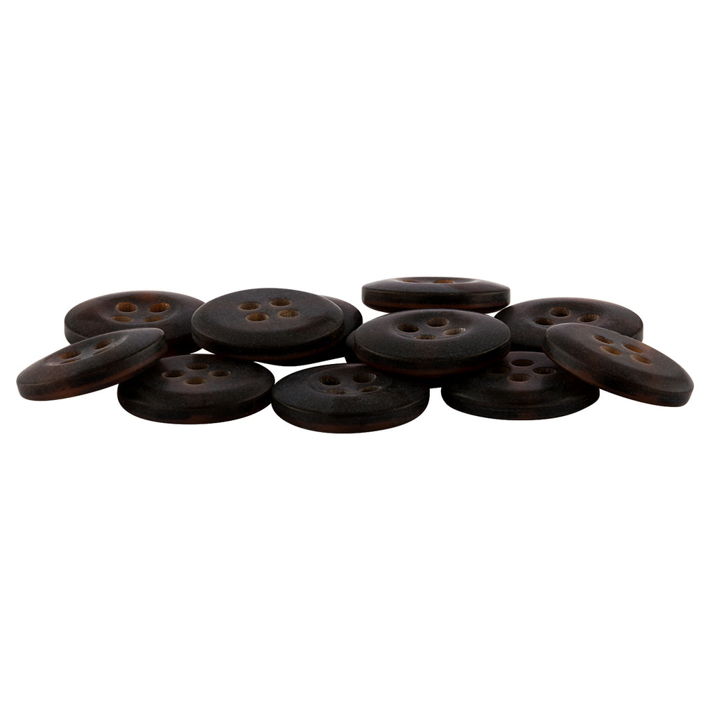 A pile of round, dark brown Khakis, Chinos and Casual Cotton Pant Buttons with four holes is arranged on a white background.