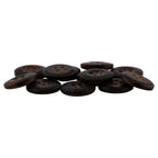 A pile of round, dark brown Khakis, Chinos and Casual Cotton Pant Buttons with four holes is arranged on a white background.