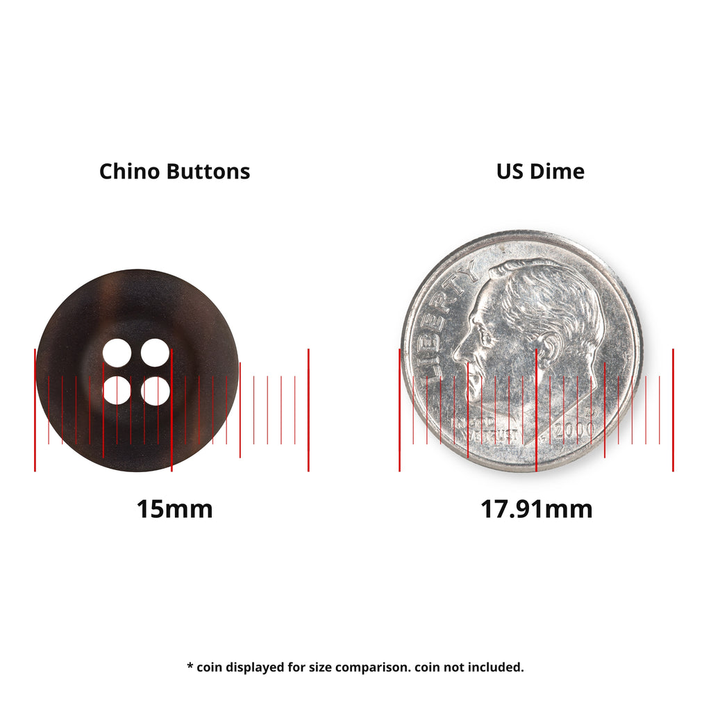 A Khakis, Chinos and Casual Cotton Pant Button (15mm, black nylon) is pictured next to a 17.91mm US dime for size comparison.