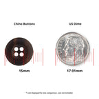 A Khakis, Chinos and Casual Cotton Pant Button (15mm, black nylon) is pictured next to a 17.91mm US dime for size comparison.