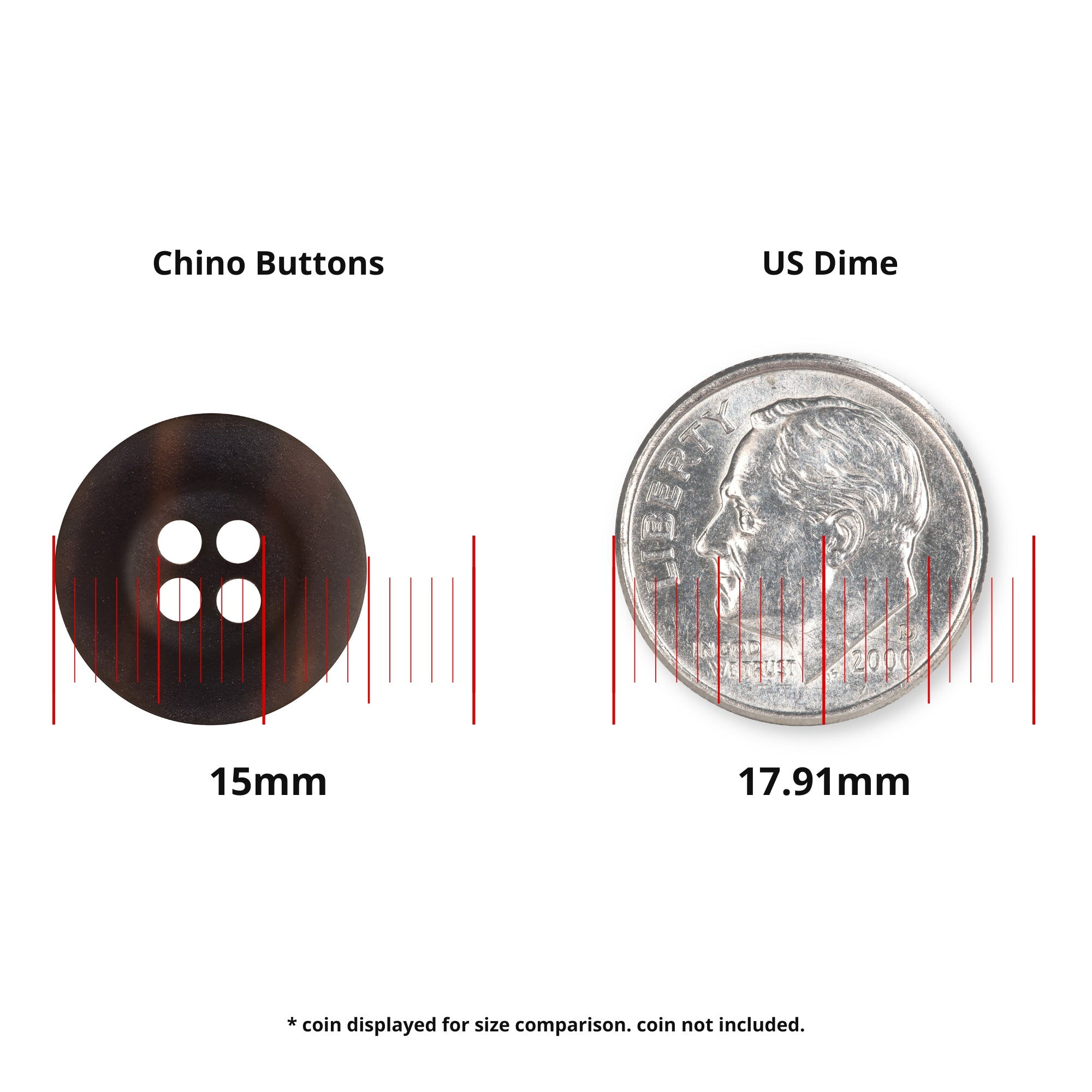 A Khakis, Chinos and Casual Cotton Pant Button (15mm, black nylon) is pictured next to a 17.91mm US dime for size comparison.