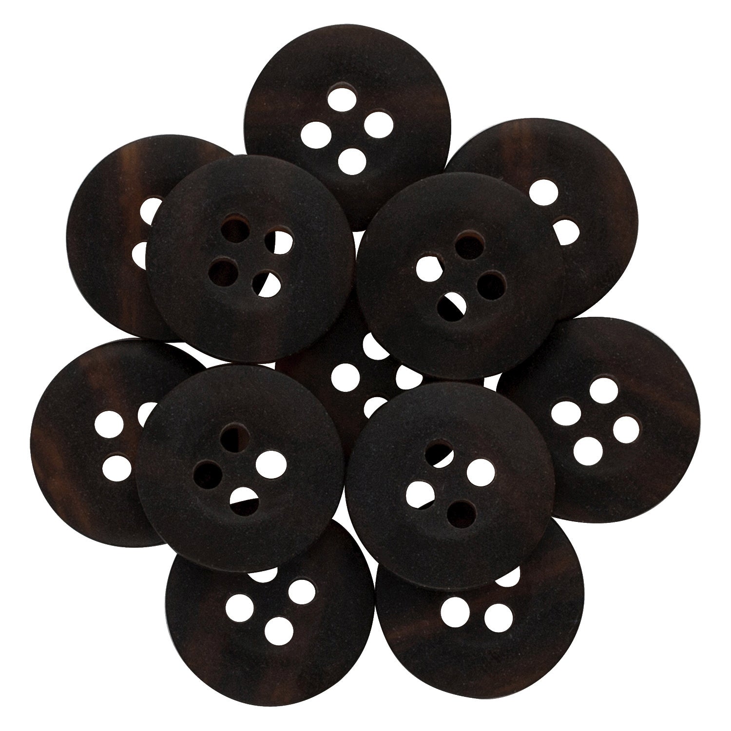 A set of 10 dark brown round nylon Khakis, Chinos and Casual Cotton Pant Buttons with 2 or 4 holes—perfect as replacement pants buttons.