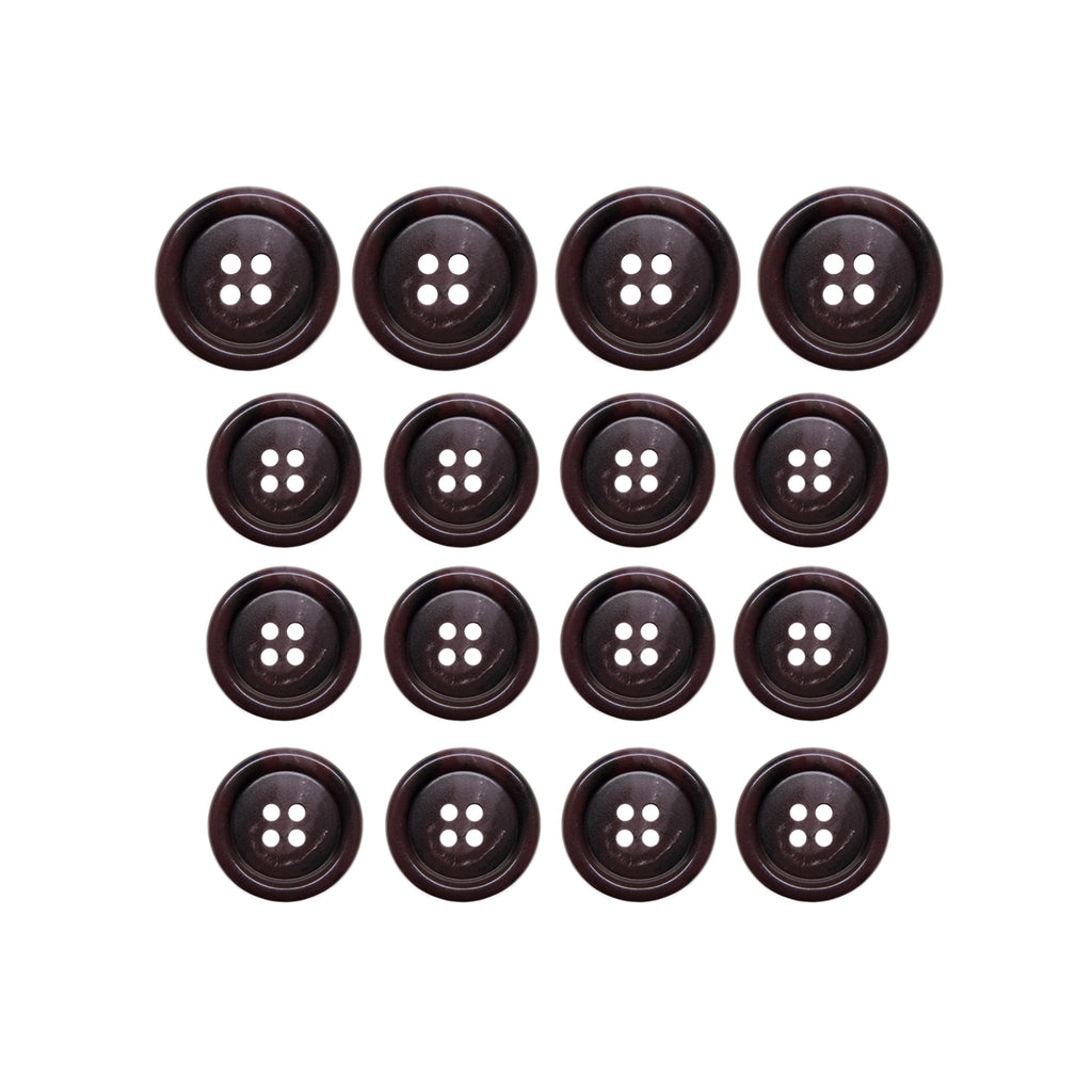 Fifteen Luxury Suit Buttons made from dark brown buffalo bone with four holes each are arranged in a neat grid on a white background.