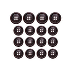 Fifteen Luxury Suit Buttons made from dark brown buffalo bone with four holes each are arranged in a neat grid on a white background.