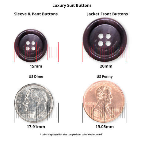 Luxury Suit Buttons are shown alongside a US dime and penny for size reference, with detailed measurements provided for clarity and comparison.