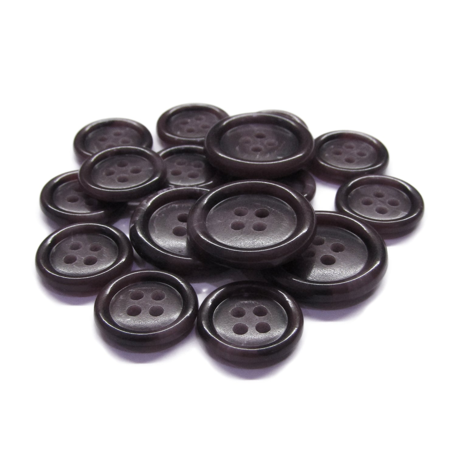 A pile of round, dark brown Luxury Suit Buttons with four holes is displayed on a white background.