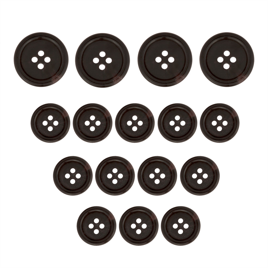 Regular Suit Buttons in dark brown are arranged in a heart shape on a white background.