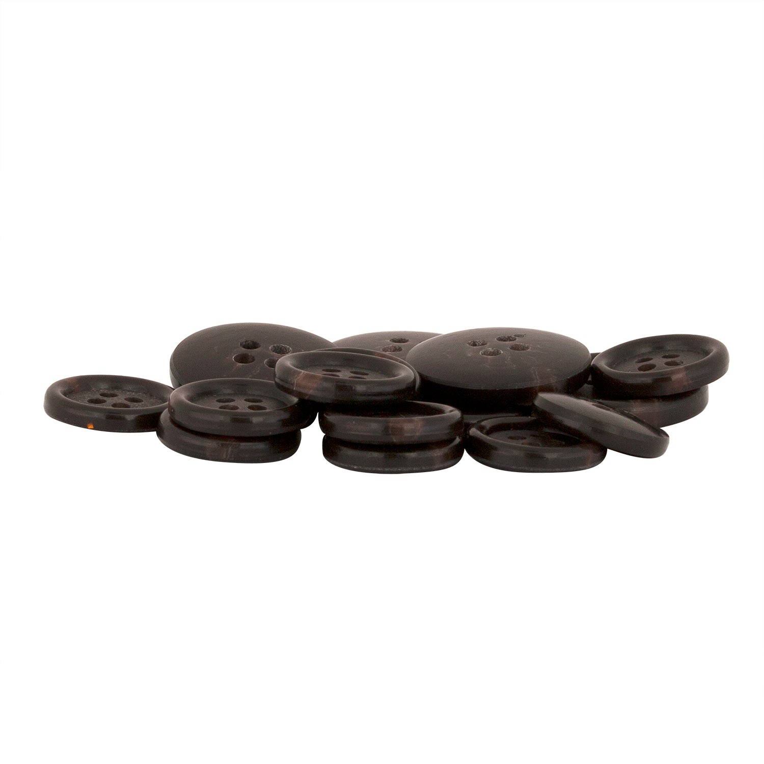 Regular Suit Buttons in dark brown, featuring four holes, are scattered on a white background.
