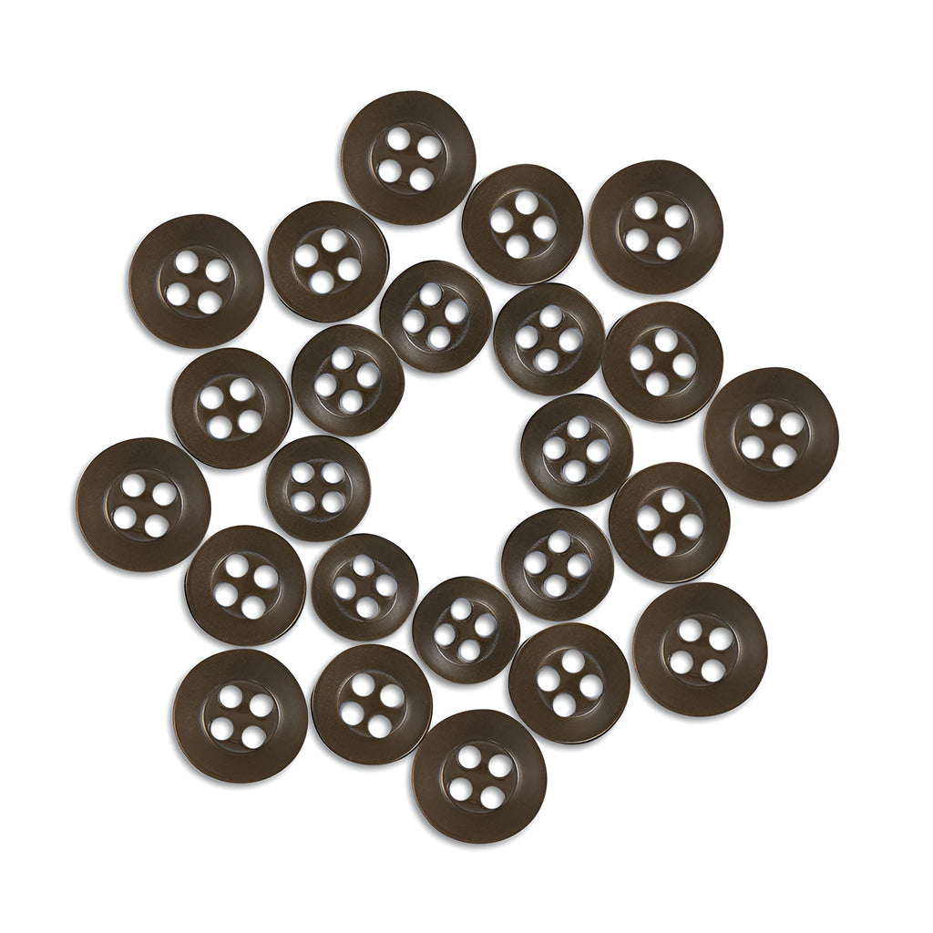 Twenty-four Replacement Shirt Buttons, made of brown poly-nylon with a matte finish, are arranged in a circle pattern on a white background.