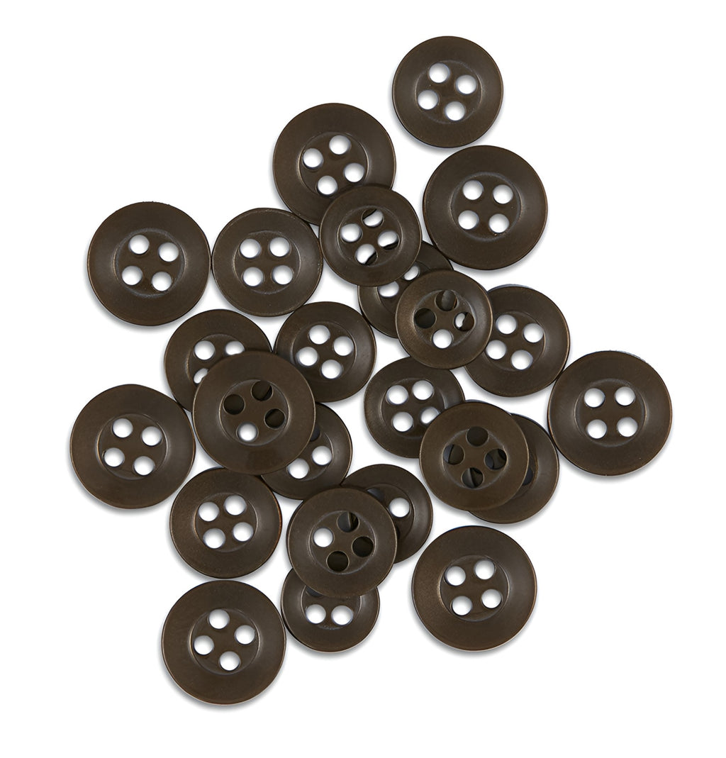 A set of Replacement Shirt Buttons in dark brown with a matte finish and four holes is scattered on a white background, ideal for updating any tailor's button kit.