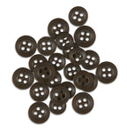 A set of Replacement Shirt Buttons in dark brown with a matte finish and four holes is scattered on a white background, ideal for updating any tailor's button kit.