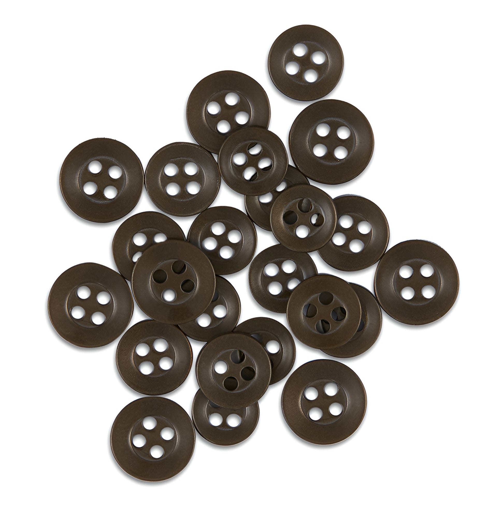 A set of Replacement Shirt Buttons in dark brown with a matte finish and four holes is scattered on a white background, ideal for updating any tailor's button kit.