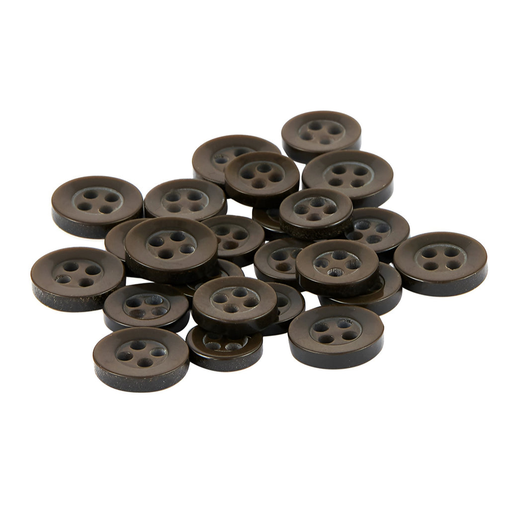 A pile of dark brown, round Replacement Shirt Buttons with four holes and a matte finish rests on a white background.