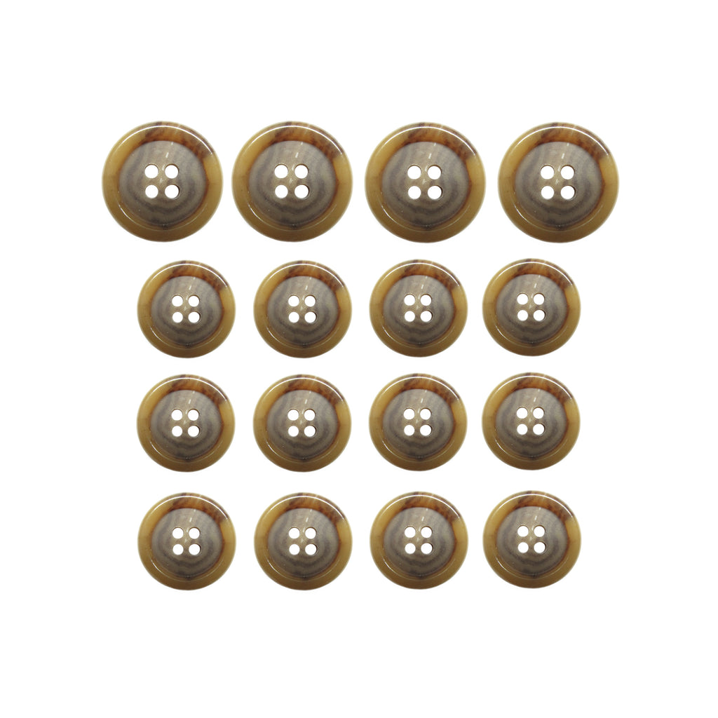 Fifteen Luxury Suit Buttons made of brown, round buffalo bone with four holes each, displayed in a square on a white background.