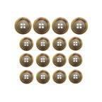 Fifteen Luxury Suit Buttons made of brown, round buffalo bone with four holes each, displayed in a square on a white background.