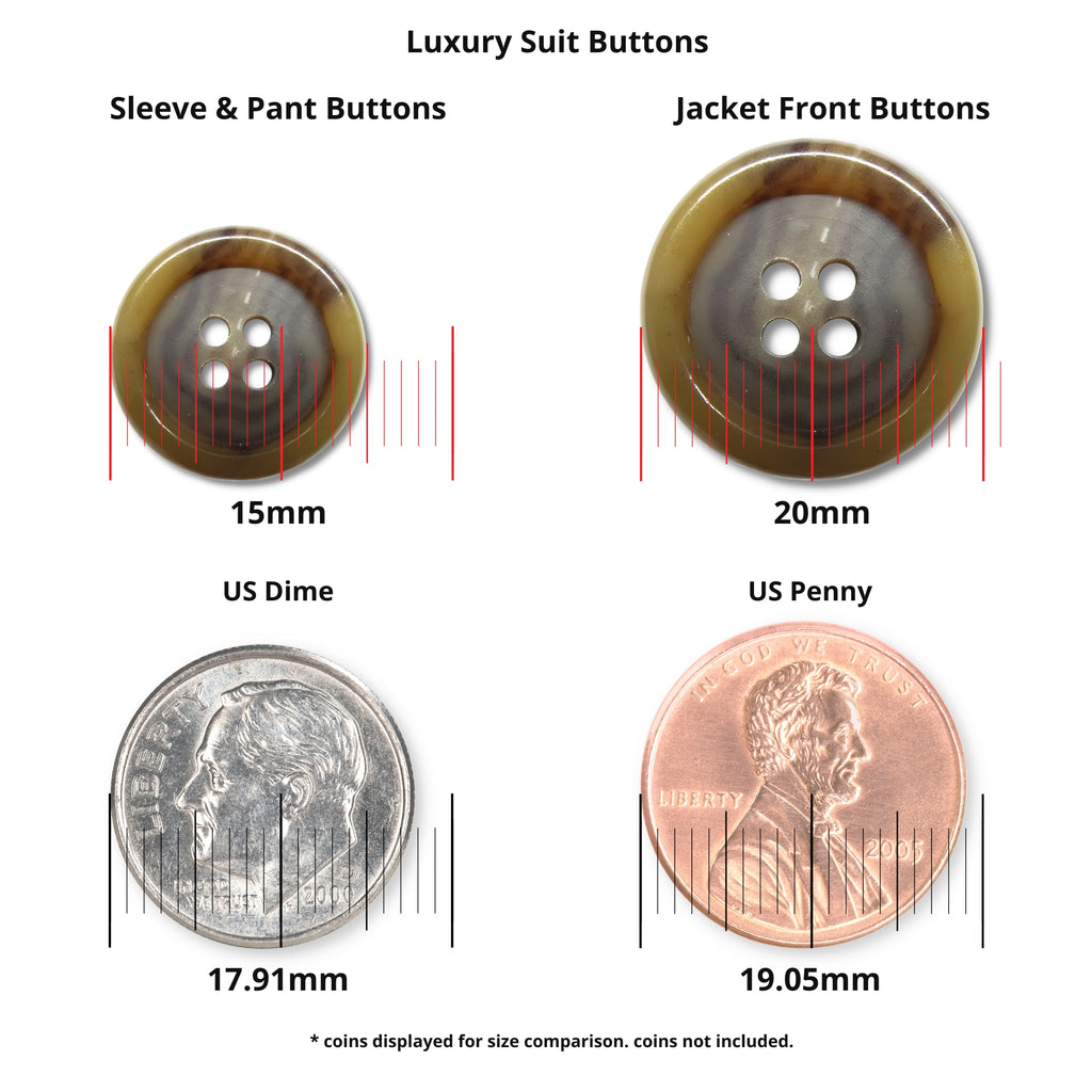 Luxury Suit Buttons, along with buffalo bone buttons and US coins (dime, penny), are displayed side by side for millimeter size comparisons.