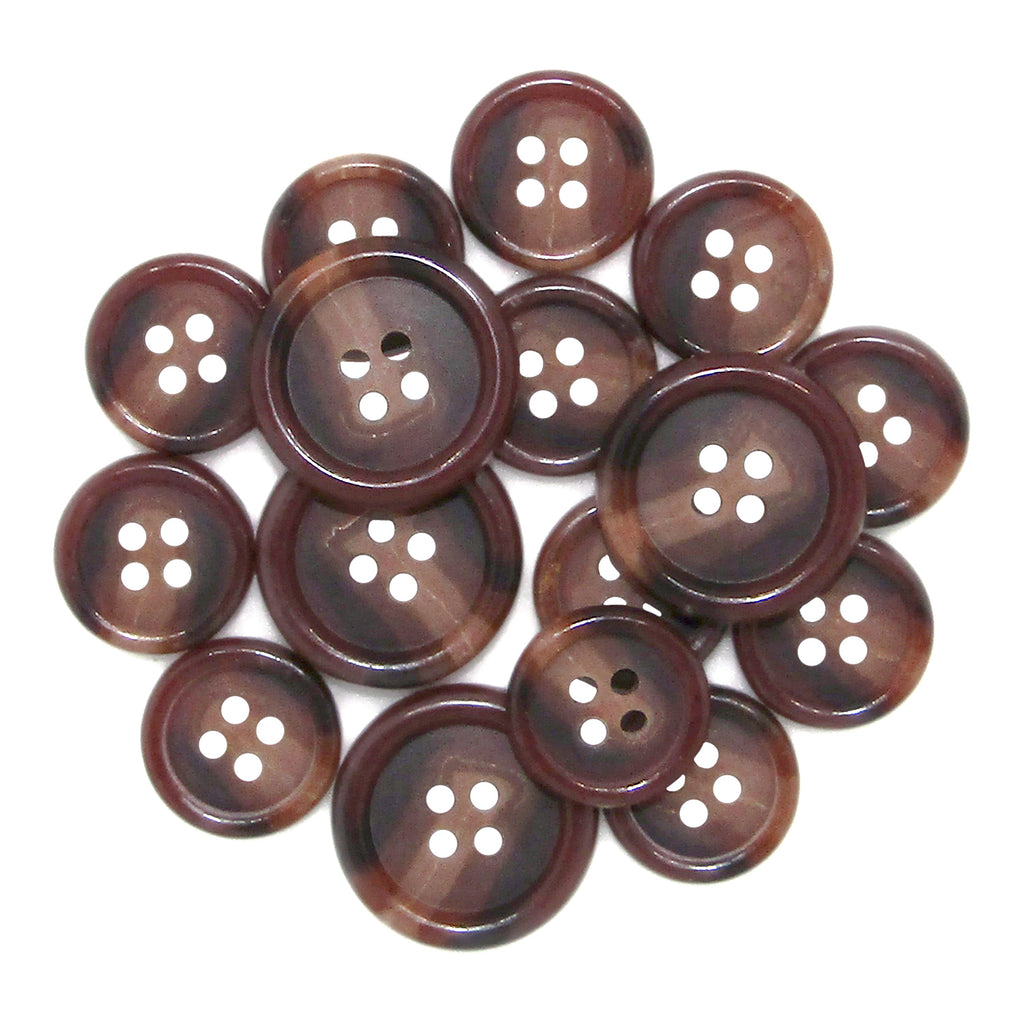 A scattered pile of brown, four-hole Luxury Suit Buttons is displayed on a white background.