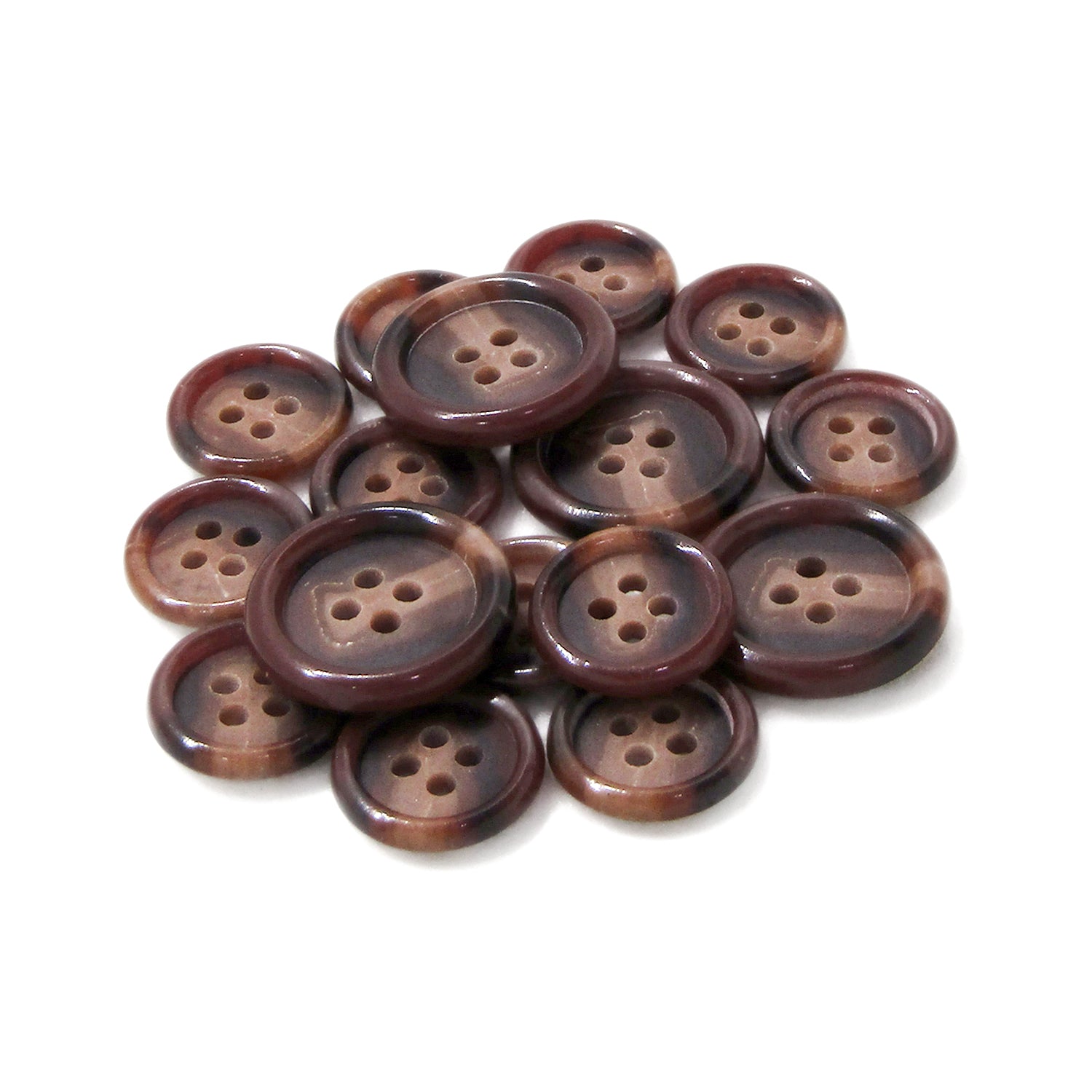 A pile of brown, round, four-hole Luxury Suit Buttons is arranged on a white background.