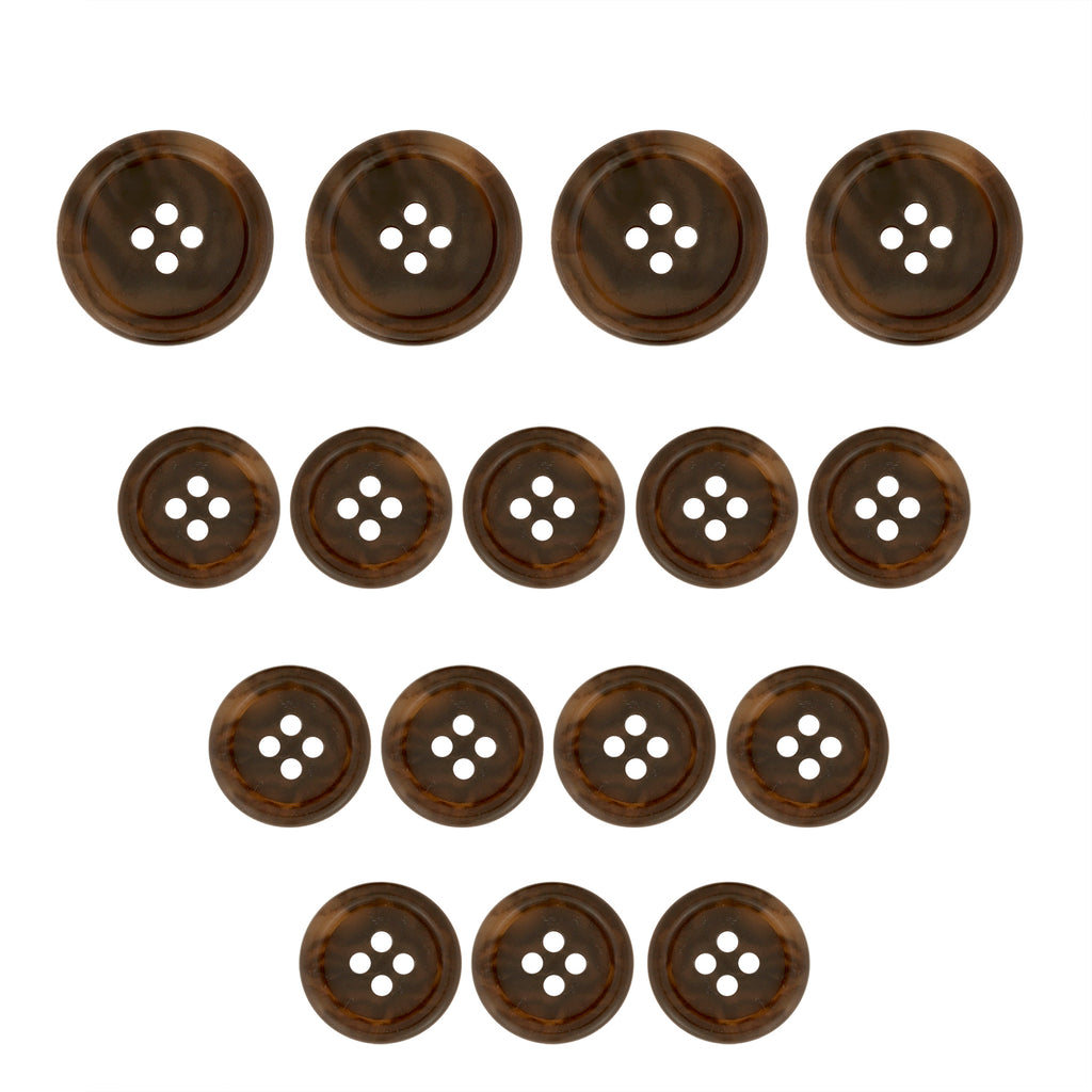 Fifteen Regular Suit Buttons, brown with four holes, are arranged in a triangle on a white background.