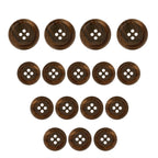 Fifteen Regular Suit Buttons, brown with four holes, are arranged in a triangle on a white background.