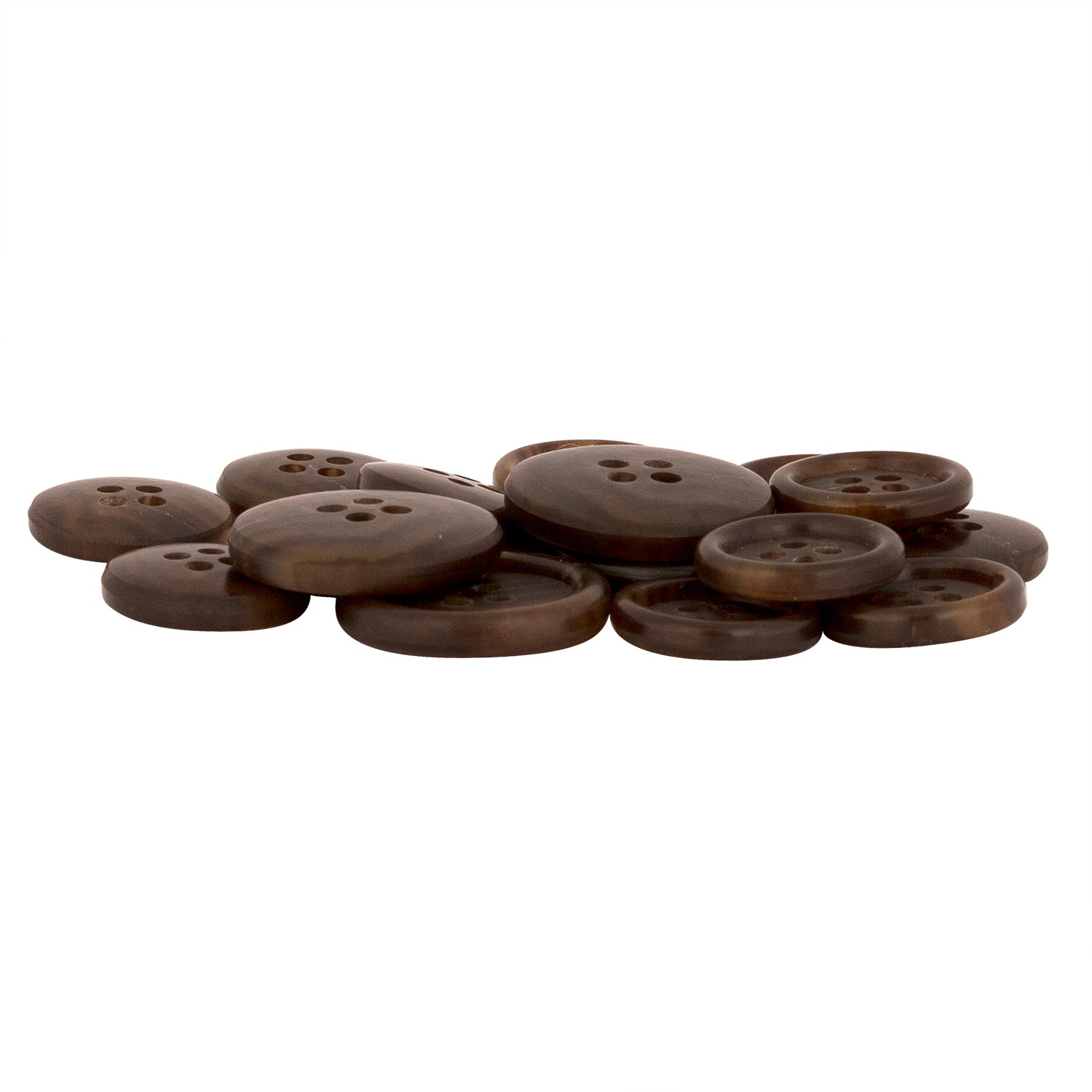 A pile of Regular Suit Buttons, brown, round, with four holes, displayed on a white background.