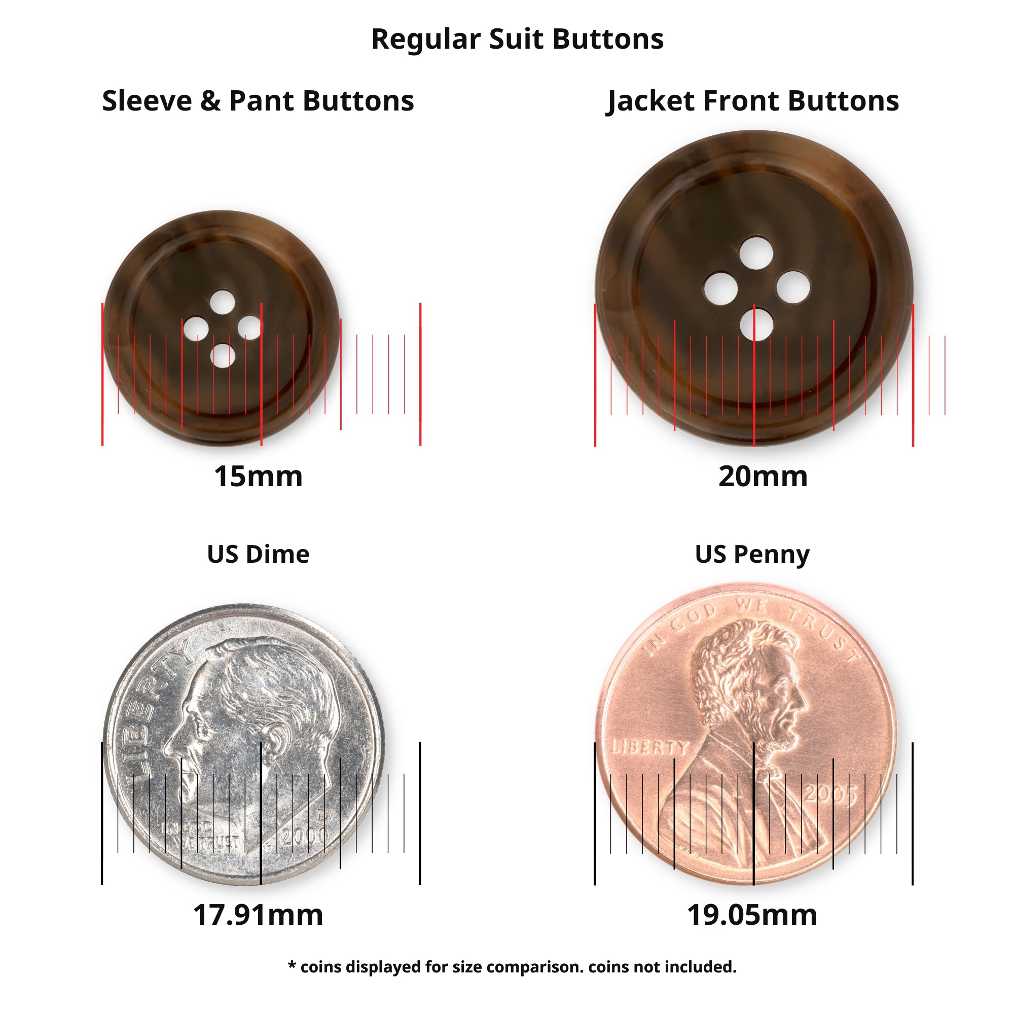 Regular Suit Buttons in black shown next to a US dime and penny for size comparison, with labeled dimensions—ideal for selecting the perfect replacement buttons.