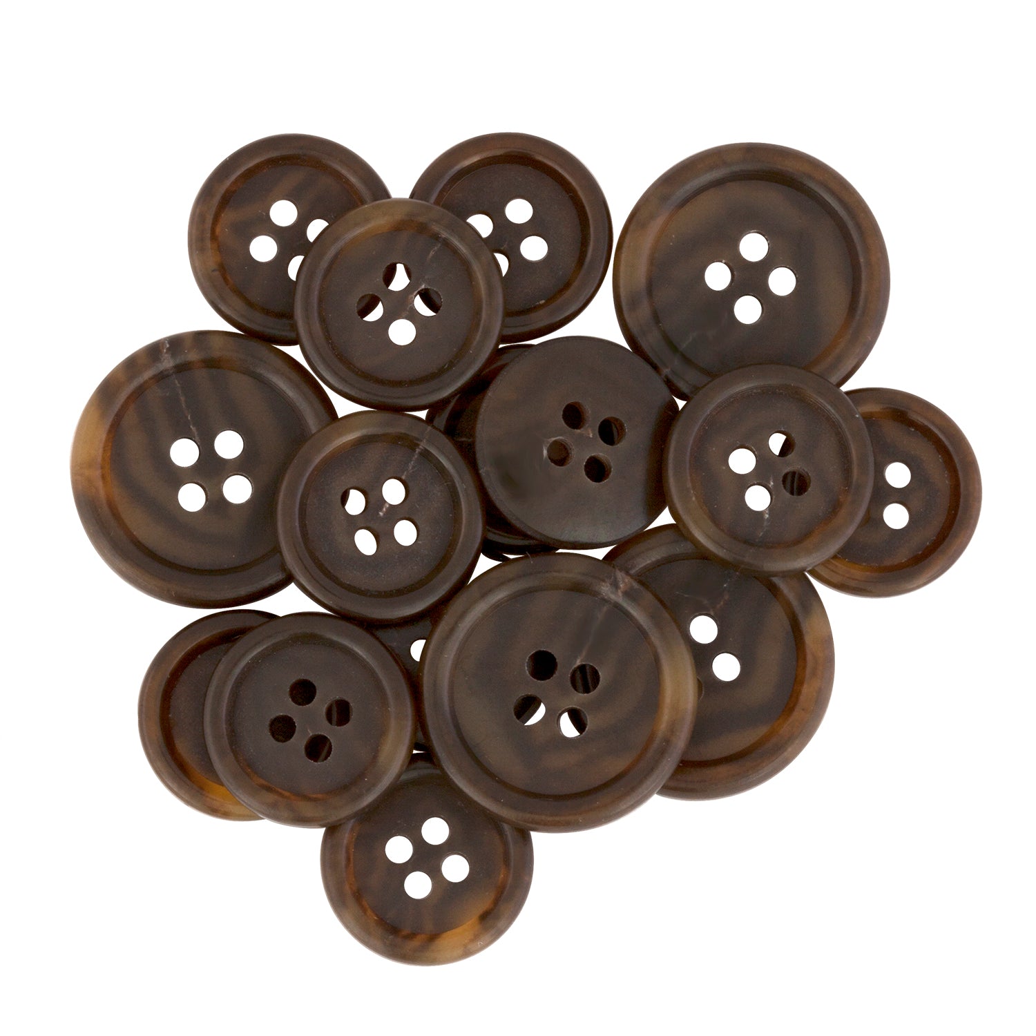 A mix of brown and black Regular Suit Buttons, round with four holes, is displayed on a white background—ideal for use as replacement buttons.