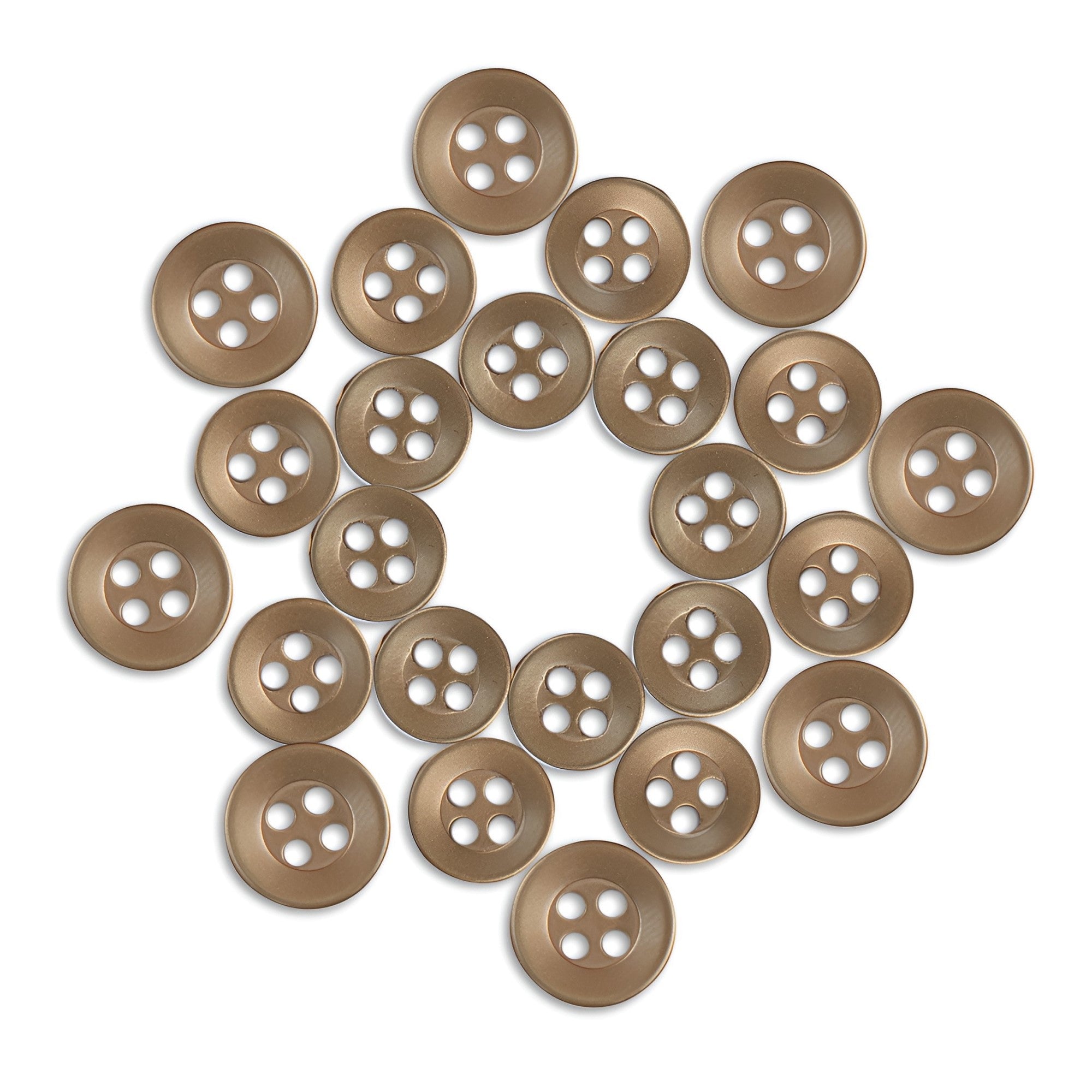 Twenty-four Replacement Shirt Buttons with a matte finish are arranged in a circular, flower-like pattern on a white background.
