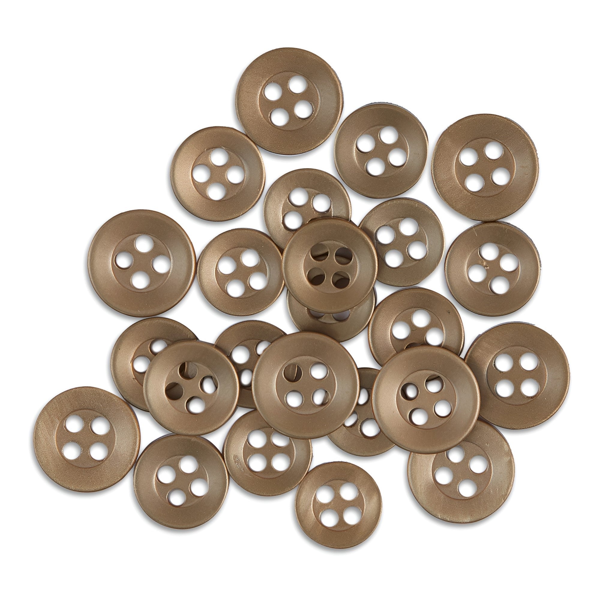 A pile of Replacement Shirt Buttons with a brown matte finish and four holes is arranged randomly on a white background.
