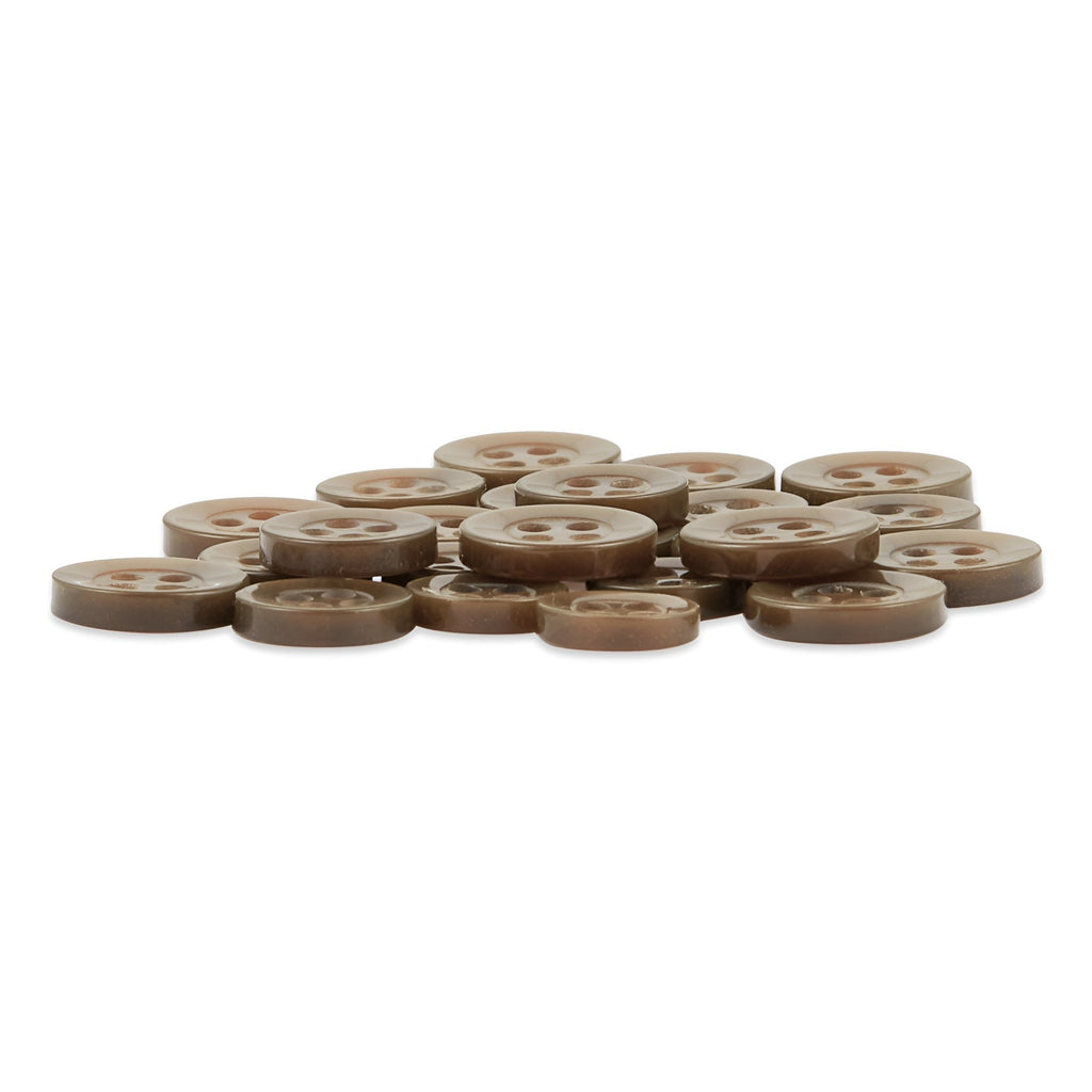 A stack of Replacement Shirt Buttons with a brown matte poly-nylon finish and four holes, displayed on a white background—ideal for any tailor's button kit.