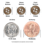 Three brown matte Replacement Shirt Buttons in assorted sizes are shown above a US dime and penny for size reference—perfect addition to any tailor’s button kit.