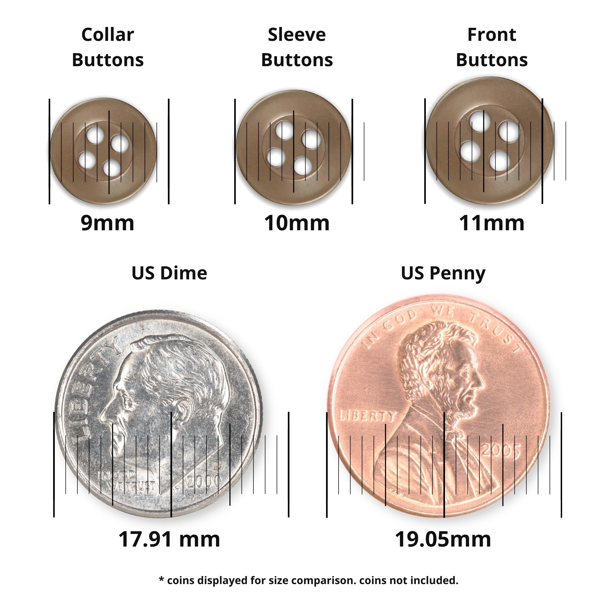 Three brown matte Replacement Shirt Buttons in assorted sizes are shown above a US dime and penny for size reference—perfect addition to any tailor’s button kit.