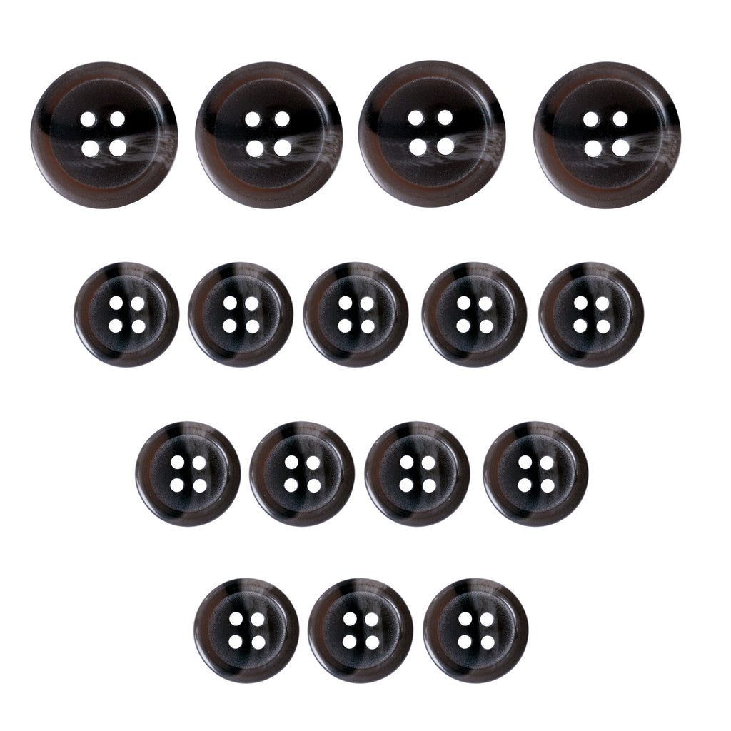 A set of fifteen Standard Suit Buttons in dark brown, each with four holes, neatly arranged on a white background—ideal replacements for your wardrobe.