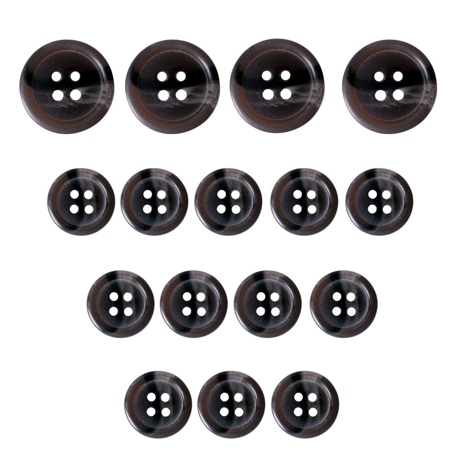 A set of fifteen Standard Suit Buttons in dark brown, each with four holes, neatly arranged on a white background—ideal replacements for your wardrobe.