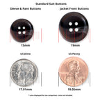 Two Standard Suit Buttons, shown next to a dime and penny for size comparison, with measurements provided in millimeters.